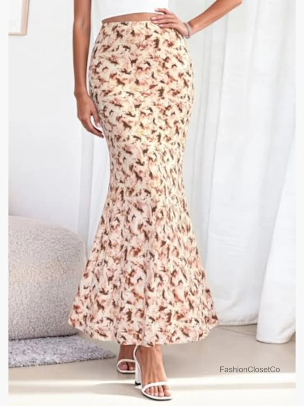 Women's Maxi Skirt High Waisted Mermaid Ruffle Flowy Office Work Long Slip Skirt - Picture 2 of 7